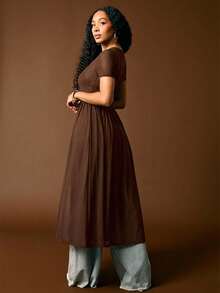 Vixey Sheer Solid Mesh Short Sleeve Split Hem Maxi Top, Elegant, Boho, Spring Tops, Romantic - Brown - View 2