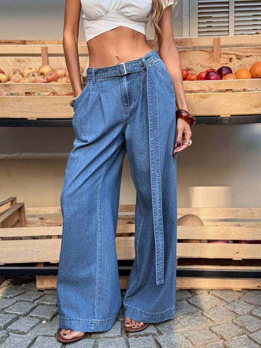 Selianne Women's Casual Washed Mid-Waist Wide Leg Jeans - Medium Wash - View 1