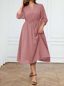 Miaspire Vestido midi con cuello en V, mangas raglán y cintura fruncida para tallas grandes - Rosa vieja - Ver 5