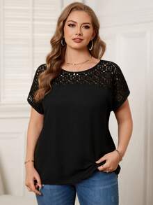 EMERY ROSE Plus Guipure Lace Yoke Cuffed Sleeve Top - Black - View 4