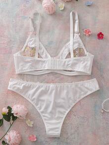 SHEIN Set de 2 piezas de sujetador con aros delgados y sostén y tanga bordados para mujer de talla grande - Multicolor - Ver 2