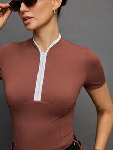 Activina 女士短袖拉链马术上衣 - 棕色 - 查看 1