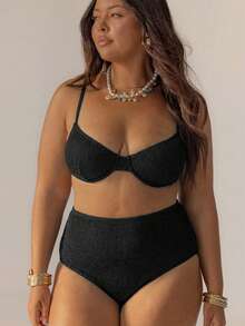 Striped High-Waisted Underwire Bikini Set With Swim Bag, Perfect For Vacations And The 4th Of July, For Summer Outfits And Beach Days - 黑色 - 查看 7
