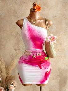 SHEIN BamGlam Women's Placement Print Vacation Mini Dress - White - View 1