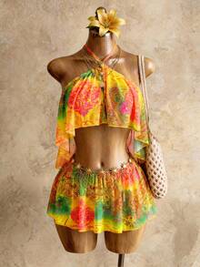 BamGleam Women's Summer Vacation All-Over Print Hollow Out Halter Backless Jumpsuit - Multicolor - View 1