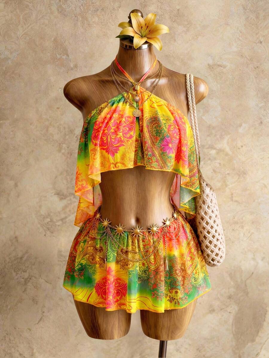 BamGleam Women's Summer Vacation All-Over Print Hollow Out Halter Backless Jumpsuit - Multicolor - View 1