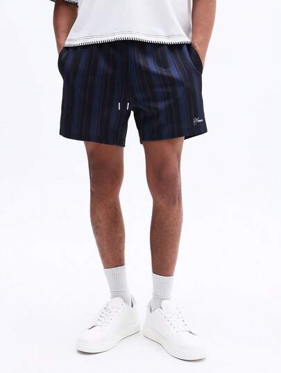 SUMWON Men's Navy Striped Drawstring Casual Shorts With Side Pockets Script Logo Summer Beach Vacation Swim Shorts Relaxed Fit