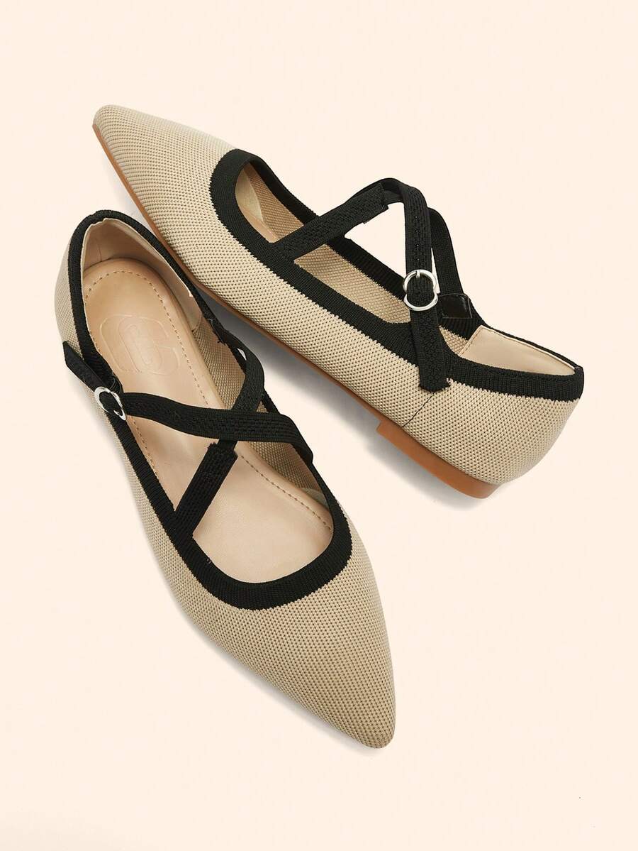 CUCCOO BASICS 女士尖头平底杏色针织交叉绑带套脚鞋，新款春秋季浅口舒适通勤玛丽珍鞋 - 杏色 - 查看 1