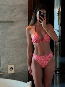 Swim Mod Summer Beach Women's Floral Print Halter Neck Bikini Set Valentine - Red - View 3