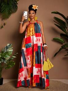 Maweii Đầm đi biển dáng suông cao cấp dành cho nữ cỡ lớn, thiết kế thanh lịch, tôn dáng, đa năng, thắt eo, chân váy xòe, vải in họa tiết phối màu. - Nhiều màu - Xem 5