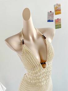 Soleia Women's Vacation Casual Backless Halter Knit Dress Crochet Maxi Dress Summer Maxi Dress Beach Maxi Dress Crochet Dress Vacation Dress In Fall/Winter - Apricot - View 6