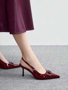 CUCCOO BIZCHIC Tacones de aguja con punta puntiaguda y correa de tobillo con hebilla metálica, sandalias de tacón alto minimalistas y de moda para mujer - Burdeos - Ver 9