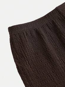 Firerie Kids 少女休闲日常棕色纹理面料不对称领短袖弧形下摆上衣和直筒裤套装 - 棕色 - 查看 4