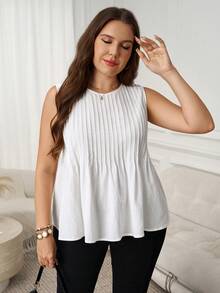 SHEIN LUNE 大码女式纯色圆领褶皱休闲百搭背心，适合度假、夏季外出、情人节等场合，白色上衣。 - 白色 - 查看 7