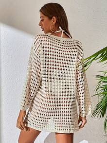 SHEIN Swim 鏤空落肩袖罩衫不附比基尼 - 米色 - 查看 2