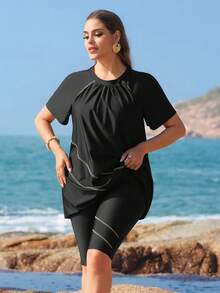 Swim Shayni 大码女式新款纯色两件式泳衣，做工精良，充满年轻中东风情，可拆卸胸垫，长袖，前侧褶皱裙摆，优雅几何线条及膝短裤，休闲时尚度假沙滩泳装 - 黑色 - 查看 3