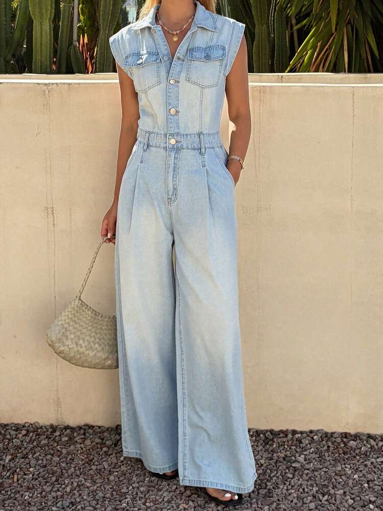 Women's Collared Sleeveless Waist Cinching Casual Denim Jumpsuit And Overalls