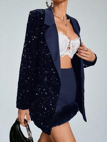 Blazer/chaqueta con diseño elegante de tela suelta con parches de lentejuelas - Azul marino - Ver 5