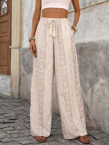 Brillora 女士休闲优雅浪漫简约舒适印花长裤，弹性腰带设计，耐受性高，春夏款 - 杏色 - 查看 12