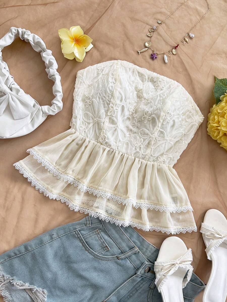 Soleia Women's Jacquard Bandeau Top With Ruffle Hem, Fashionable And Versatile For Dates And Parties - Apricot - View 1