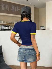 DrmWander Y2K Brazil Top, Crop Top, Brasil Tee, 2000s Aesthetic,Brazil Women's Fitted T-Shirt - Navy Blue - View 2