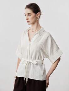 Aalyst Women's White Summer Elegant Office Striped Linen-Like Shirt Collar Button Waist Drawstring Tie Short Sleeve Side Slit Blouse,French Retro Commute - Apricot - View 5