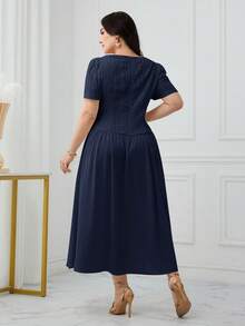 Modelyn Plus Size Women Solid Color Ruched Waist Elegant Date Party Dress - Navy Blue - View 2