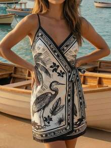 CAJUNI Tropical Print Tie-Front Cami Mini Dress, Vacation & Beach - Black and White - View 4