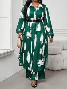 SHEIN Lady Chemise tressée élégante et décontractée à manches évêque avec poches, manches longues, grande taille, convient pour le printemps, l'été, l'automne et l'hiver. Tenue de bureau élégante pour les navetteurs, grande taille. Vêtements d'été pour femmes, tenue de vacances. Tenue de vacances pour femmes en deux pièces. Vêtements d'été, tenue de printemps pour femmes. Ensembles de sport pour femmes, tenues décontractées pour femmes en 2 pièces - Vert - Voir 6