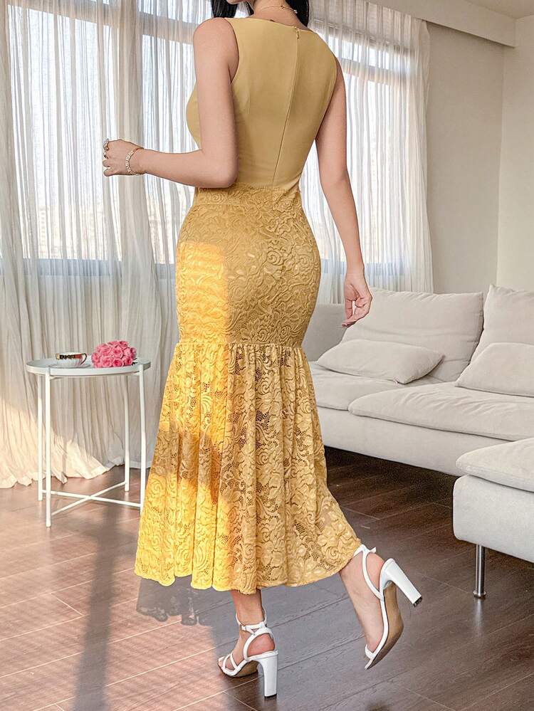 Women's Elegant Lace Patchwork Round Neck Sleeveless Mermaid Midi Dress, Summer Wedding Guest Dress Sundress