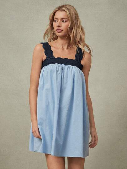 WESTFADE Women's Light Blue Dress With Black Trim Embellishments