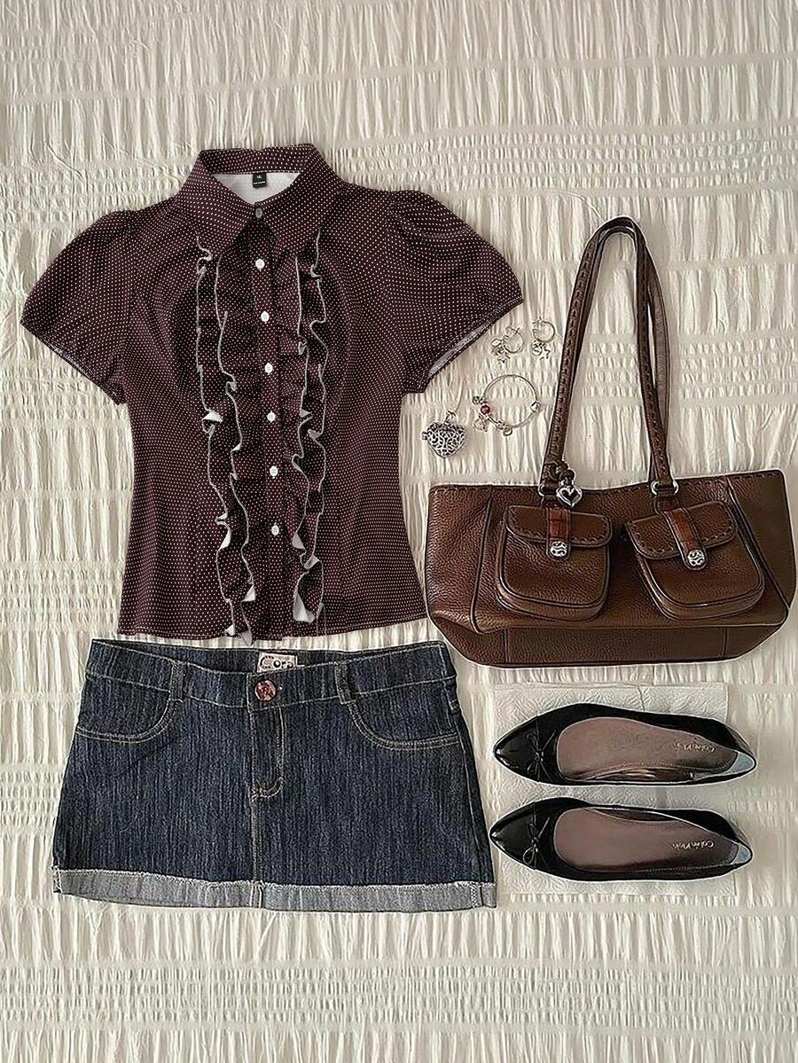 Sunspun 大码女式波点荷叶边下摆休闲百搭日常上衣，深棕色 - 彩色 - 查看 1