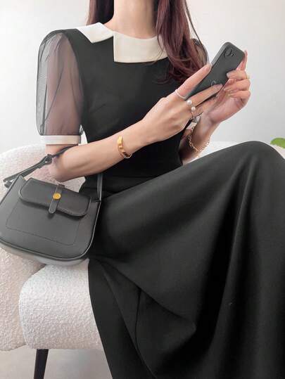 FRIFUL 女士撞色领口和袖口网纱拼接A字连衣裙，夏季