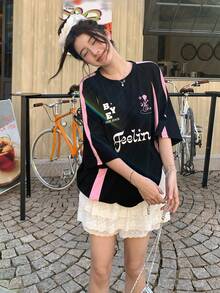 DAZY 女士圆领撞色英文印花短袖T恤图案T恤 - 黑色 - 查看 8