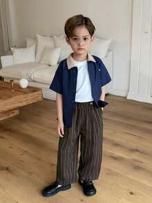 DAZY 男童松紧腰带口袋条纹阔腿宽松休闲裤 - 棕色 - 查看 5