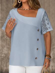 EMERY ROSE Plus Size Casual Solid Color Lace Patchwork Asymmetric Collar Blouse - Baby Blue - View 4