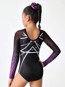Tween Girls Gymnastics Leotard, Professional Sports Gymnastics & Dance Bodysuit, High Elasticity Breathable Purple Sparkling Pattern With Rhinestones - Black - View 2