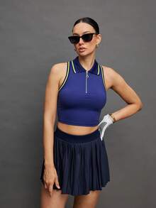 Activina Women's Tennis/Golf Colorblock Half-Zip Sleeveless Sports Polo Shirt No Sleeve Zipper Sport Top Women Sport Crop Top Shirt Sporty Top Navy Blue - Navy Blue - View 5