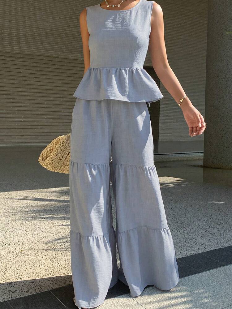 Women's Elegant Solid Color Round Neck Sleeveless Ruffle Hem Camisole And Wide Leg Pants 2-Piece Set, Summer