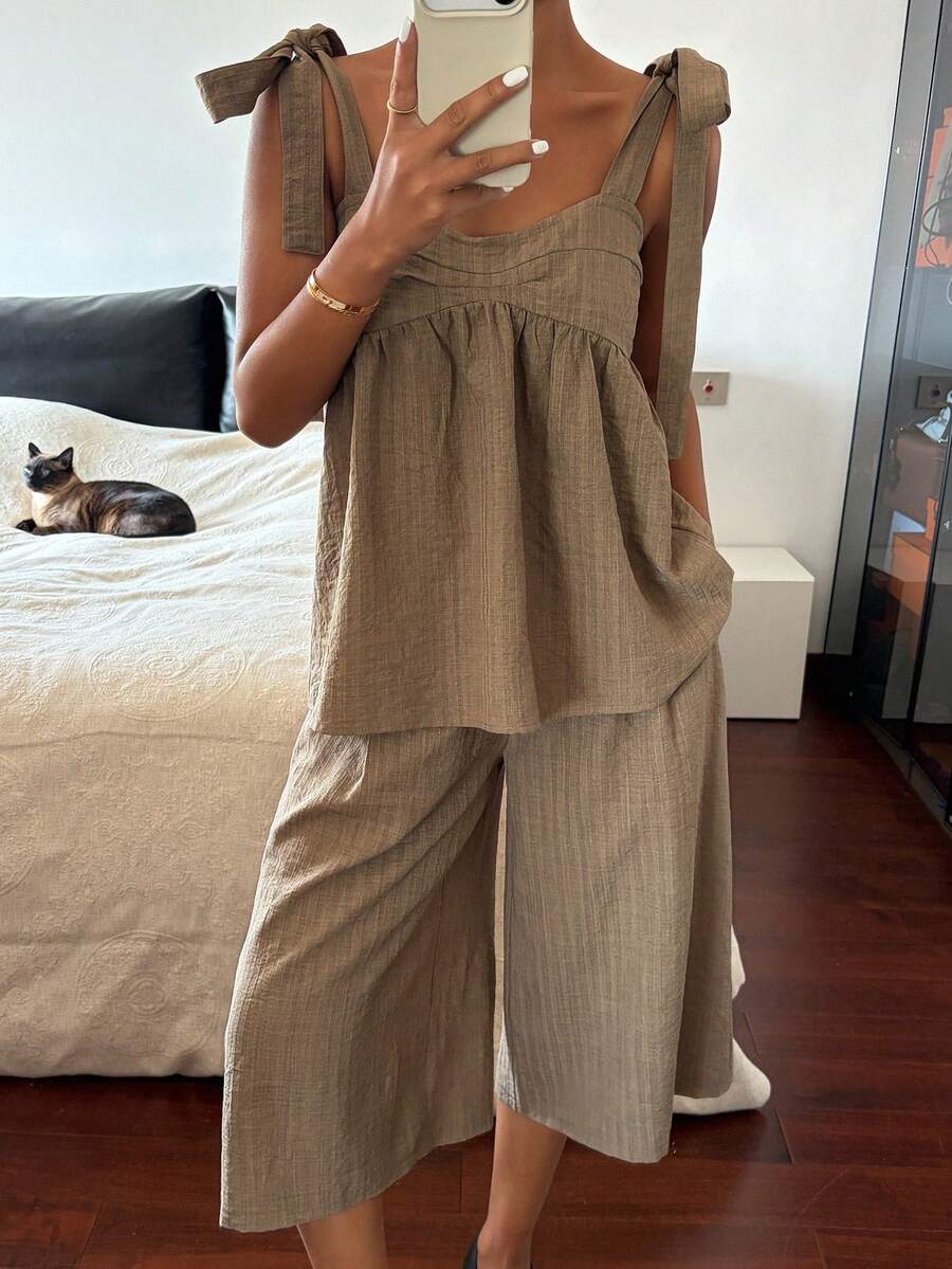 Livesso Summer Casual Brown Camisole Top & Straight Shorts Set,Khaki Vacation Elegant Commute Outfit,Business Lounge Short Sets For Women - Brown - View 1