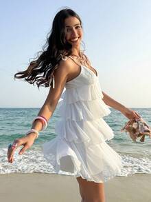 Soleia Đầm ngắn hai dây màu trơn, xếp tầng, có bèo nhún, thích hợp cho kỳ nghỉ hè của nữ. - Màu be - Xem 7