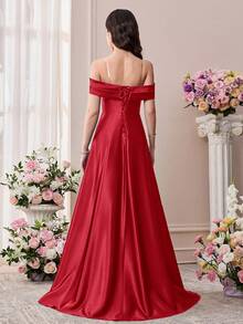 Pitira Burgunderrotes Satin elegantes langes Kleid, Off-Shoulder, rückenfreiem Bindebanddetail, geeignet für Hochzeit, Geburtstagsfest, Abschlussball, Brautjungfer, formelle Abendrobe, Abschlussfeier, Frühlingsfest - Bordeaux - Übersicht 2