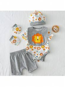 Loomiva 5pcs/Set Newborn Baby Boy/Girl Cute Animal Print Soft & Comfortable Romper + Shorts + Bib + Hat + Mittens Set - Multicolor - View 9