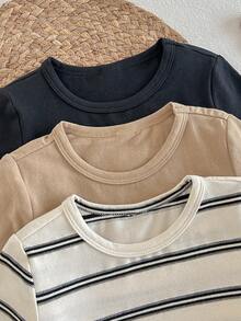 Loomiva 3pcs Baby Boy Striped Pattern Round Neck Long Sleeve Half-Zip Pullover Outfit Set - Multicolor - View 4