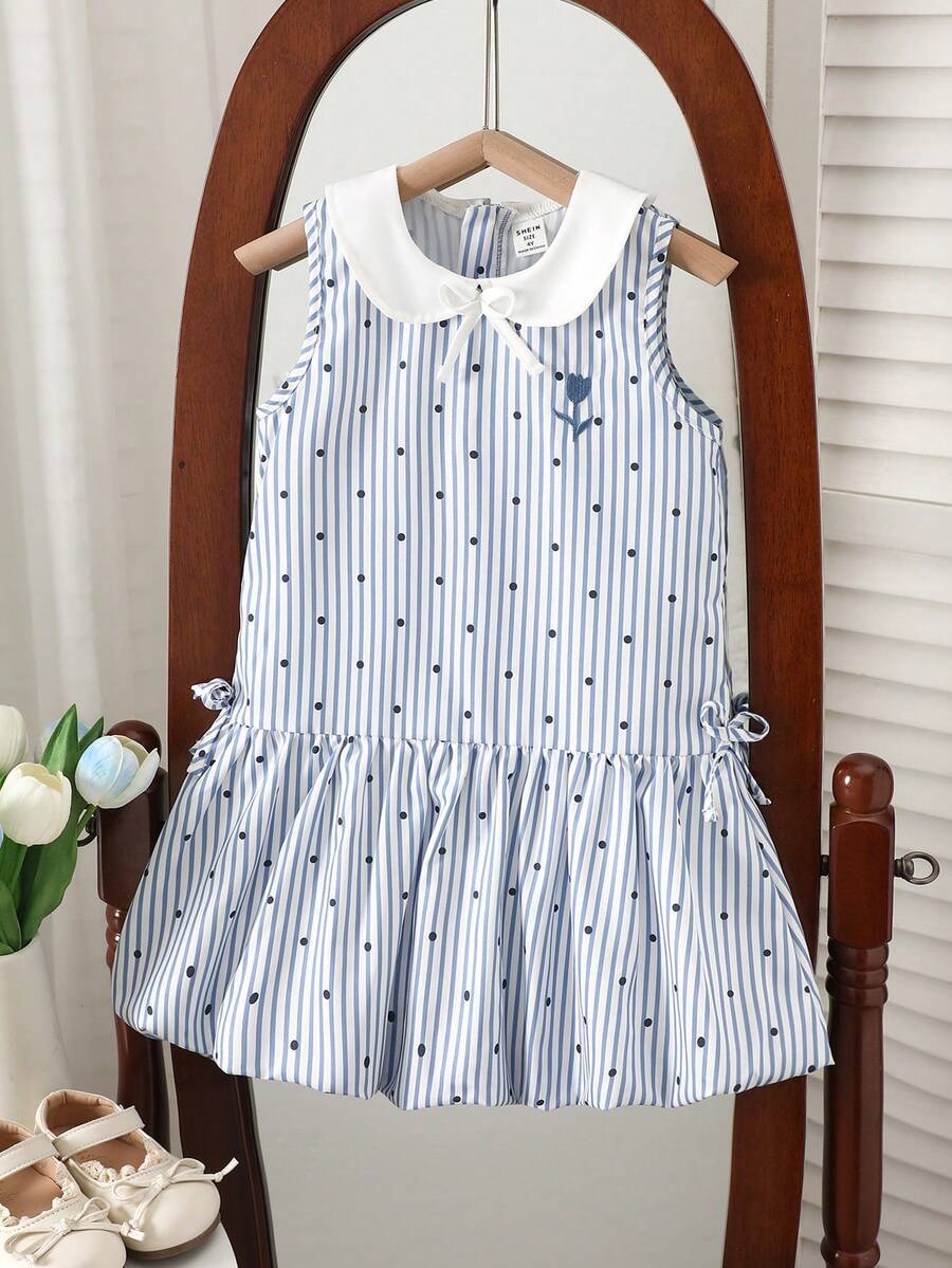 Young Girl Polka Dot & Striped Print Sleeveless Ruffle Hem Dress - Multicolor - View 1