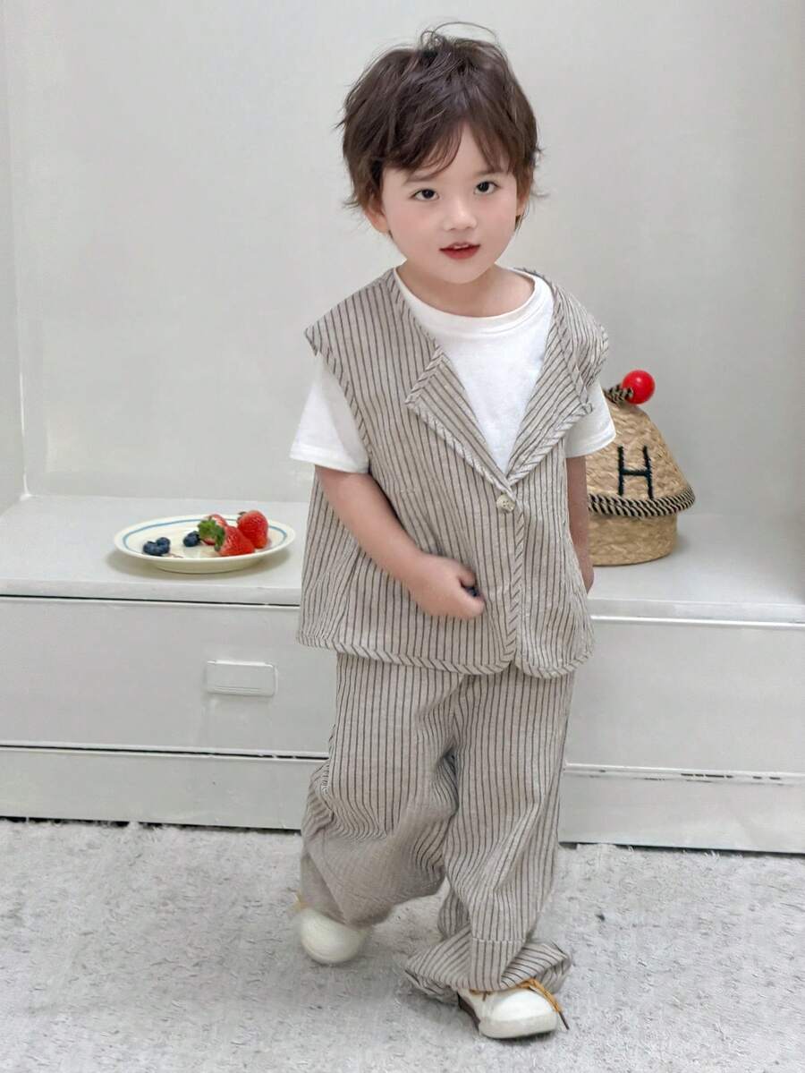 DAZY Baby Boy Striped Single-Breasted Vest, Shirt And Pants Casual Outfit - Black - View 1