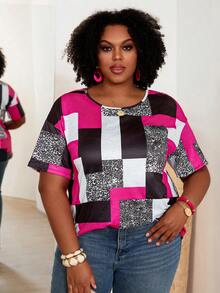 BrightlyHer Plus Size Summer Casual Contrast Color Print Short Sleeve T-Shirt - Hot Pink - View 6