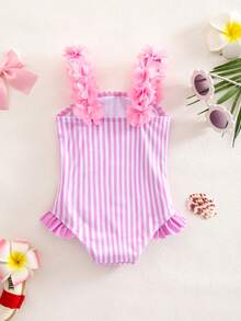1-Piece Cute Baby Girl Knitted Striped Bow Pattern 3D Flower One-Piece Swimsuit - Pink - View 2
