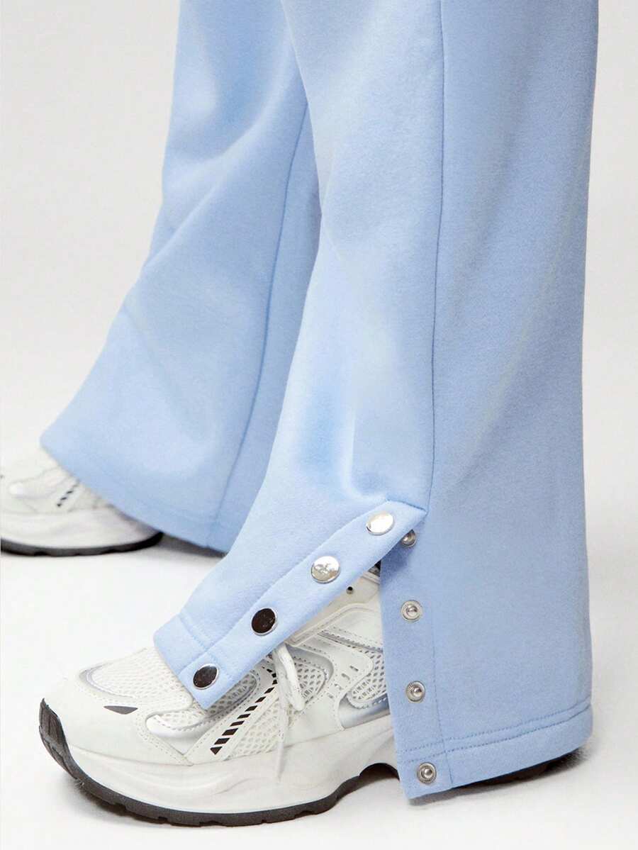 Denimoi Slit Hem Button Detail Straight Leg Sweatpants Casual Outfits Airport Outfits Loungewear Cozy - Blue - View 1