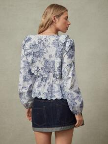 WESTFADE Washed Floral Print 100% Cotton V Neck Tie Front Puff Sleeve Peplum Top - Blue - View 2